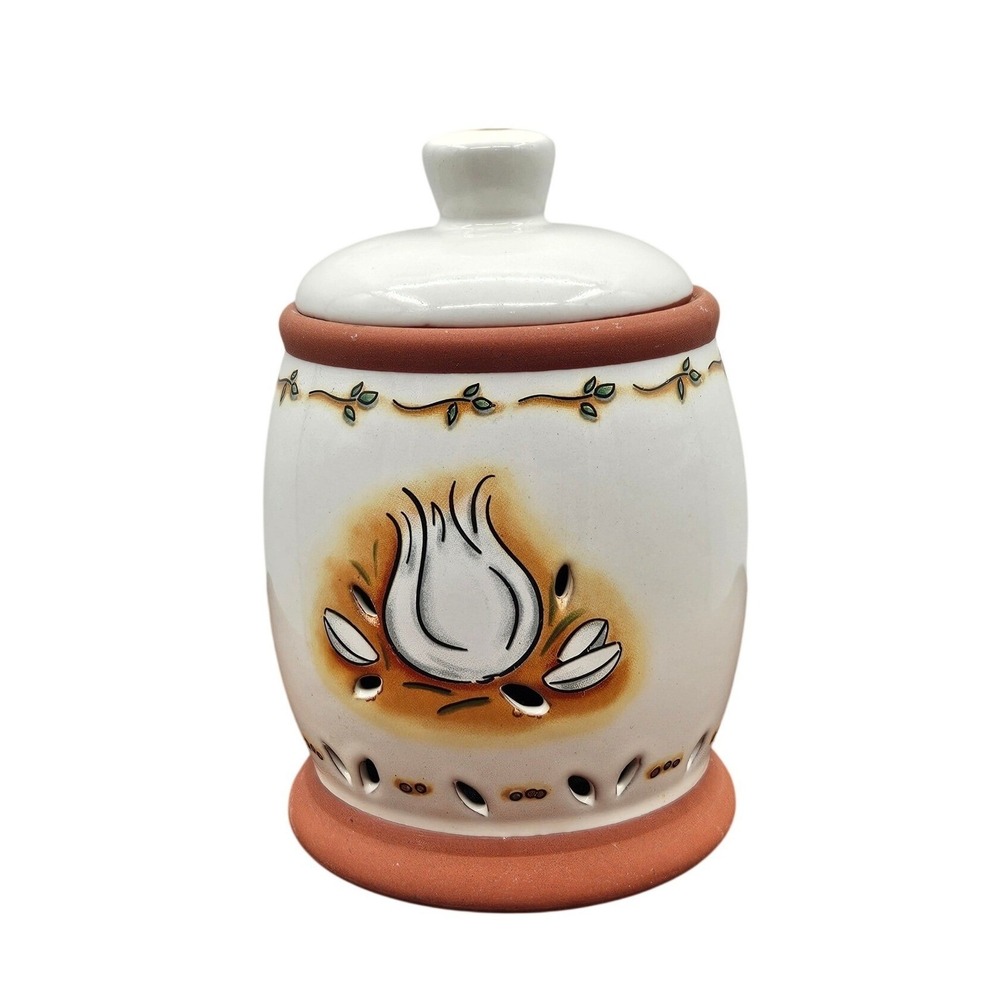 MSC Jocha Ceramic Garlic Keeper Terracotta Vented Storage Jar White Farmhouse